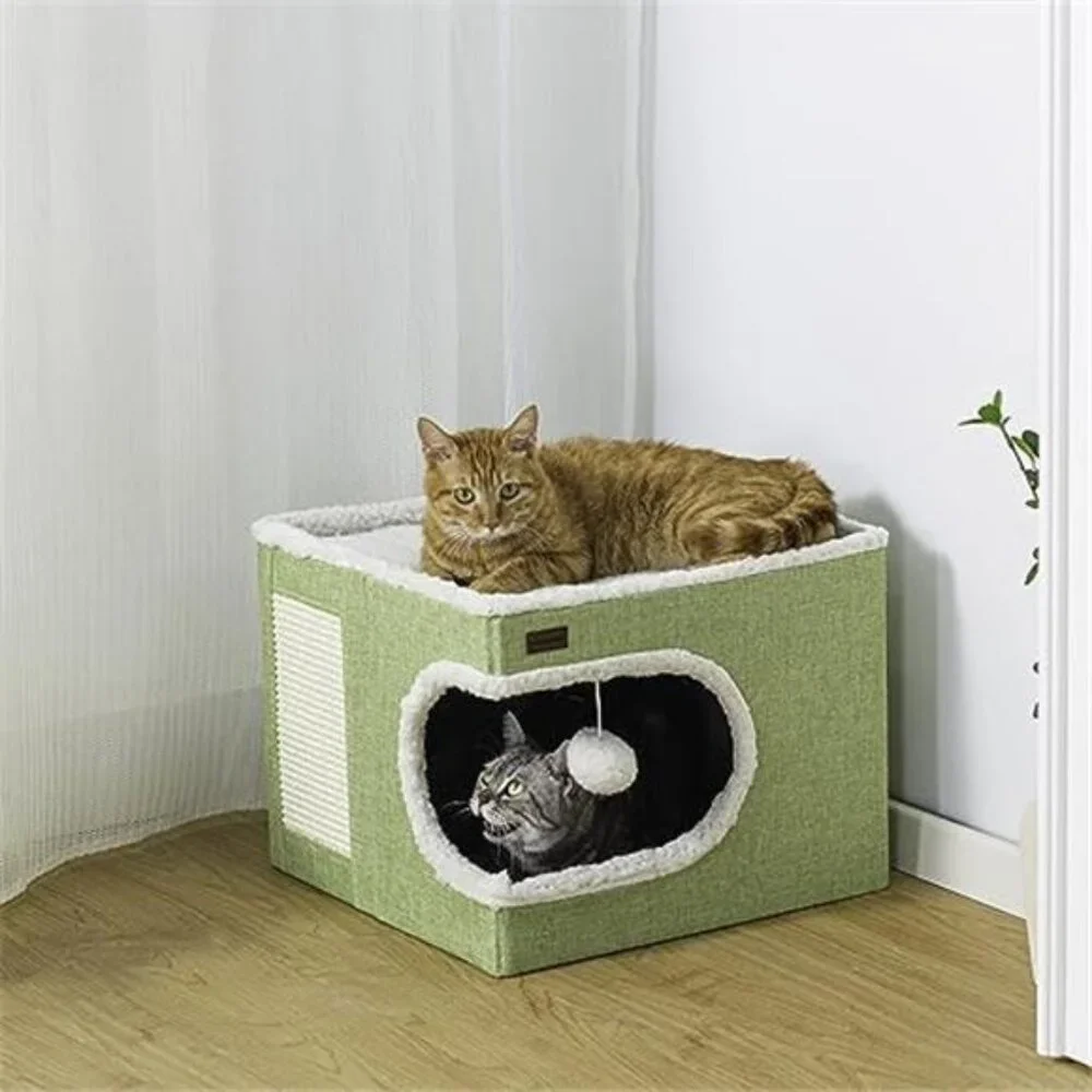 Cat Bed Cube House Covered Cat Cave Bed with Scratch Pad Toy Hideaway for Cats